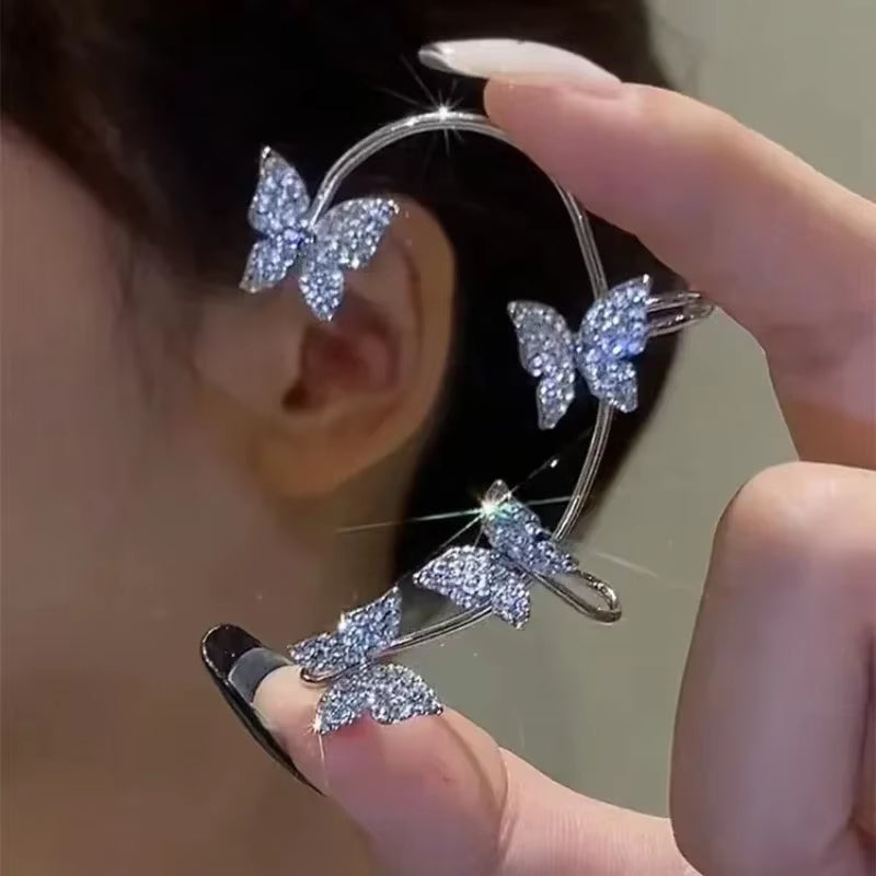 Clip Earrings Silver Color Metal Butterfly Ear Clip without Piercing for Women Sparkling Zircon Ear Cuff Wedding Fashion Jewelry