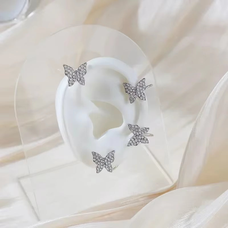 Clip Earrings Silver Color Metal Butterfly Ear Clip without Piercing for Women Sparkling Zircon Ear Cuff Wedding Fashion Jewelry