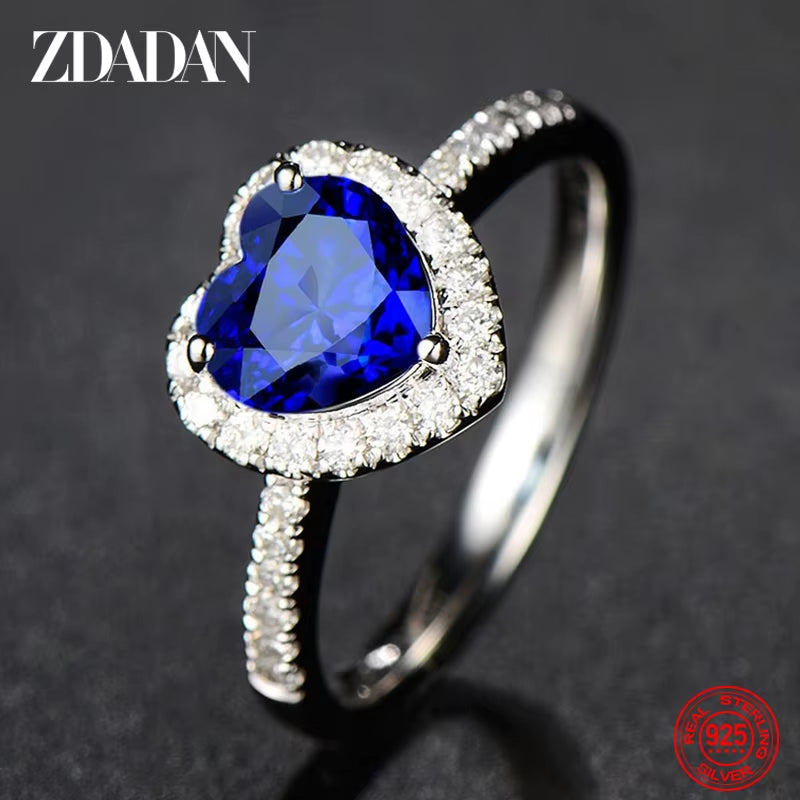 925 Sterling Silver Heart Blue Gemstone Rings for Women Wedding Jewelry Fashion Gift