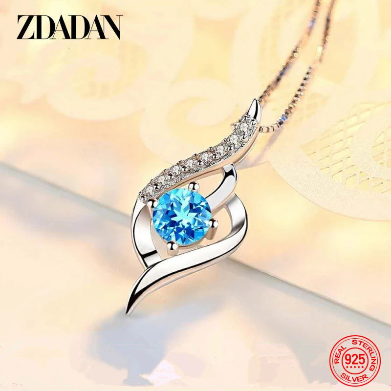 925 Silver Blue Crystal Necklace Chain for Women Wedding Jewelry