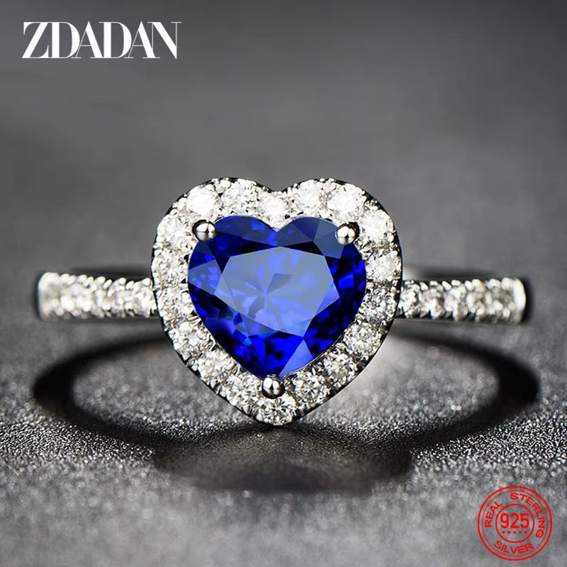 925 Sterling Silver Heart Blue Gemstone Rings for Women Wedding Jewelry Fashion Gift
