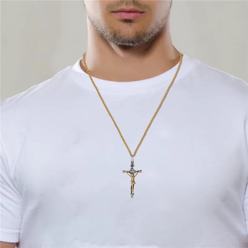 Men Cross Pendant Necklace Stainless Steel Link Chain Jesus Christ Necklace Statement Jewelry Necklace Jewelry Gift