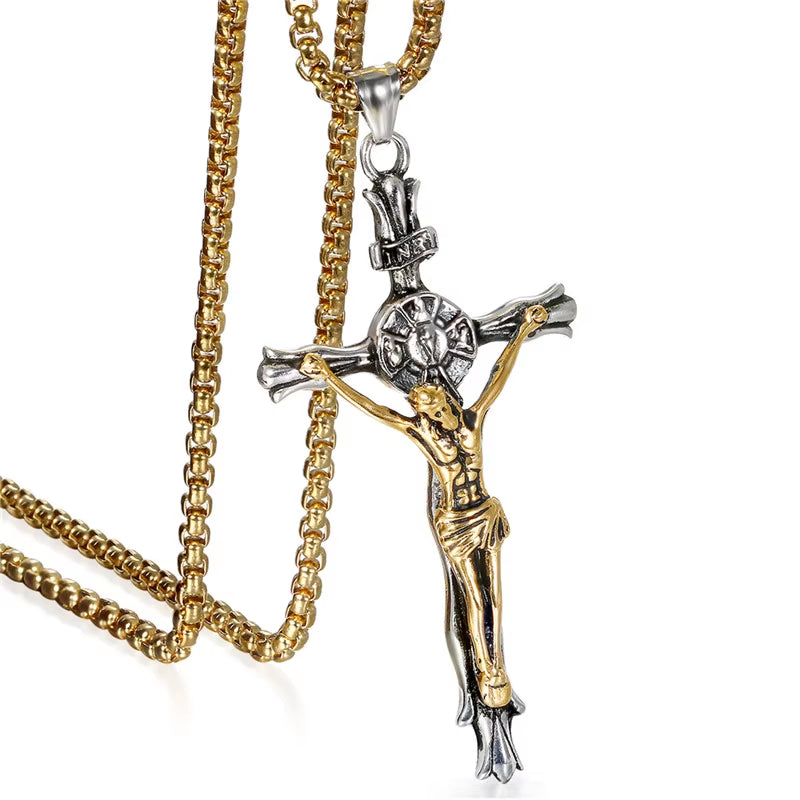 Men Cross Pendant Necklace Stainless Steel Link Chain Jesus Christ Necklace Statement Jewelry Necklace Jewelry Gift