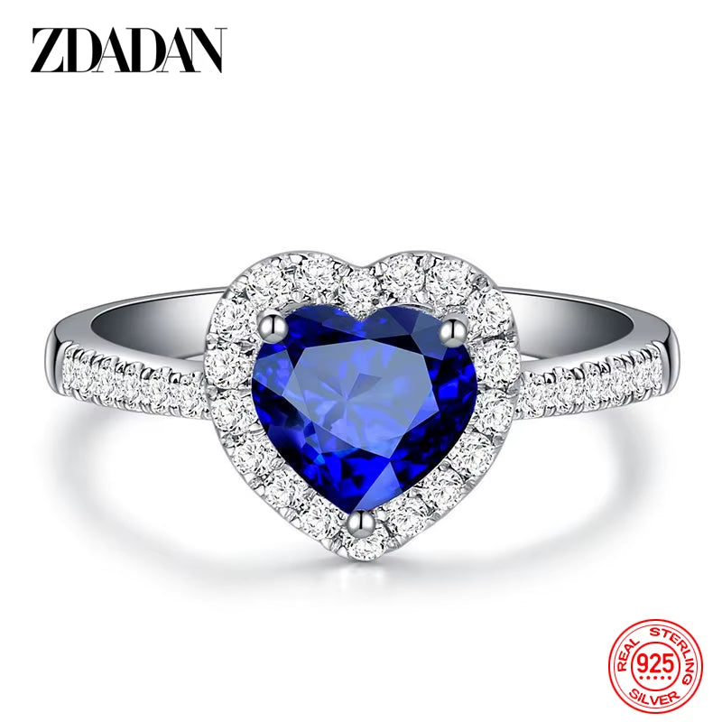 925 Sterling Silver Heart Blue Gemstone Rings for Women Wedding Jewelry Fashion Gift