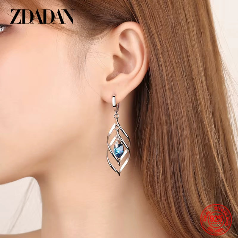 925 Sterling Silver Blue Crystal Necklace Earring Set for Women Fashion Wedding Jewelry Party Gift