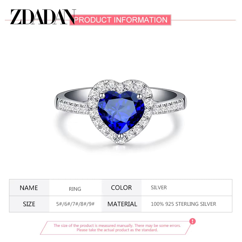 925 Sterling Silver Heart Blue Gemstone Rings for Women Wedding Jewelry Fashion Gift