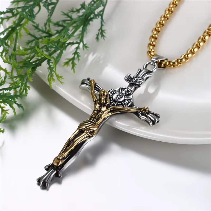 Men Cross Pendant Necklace Stainless Steel Link Chain Jesus Christ Necklace Statement Jewelry Necklace Jewelry Gift