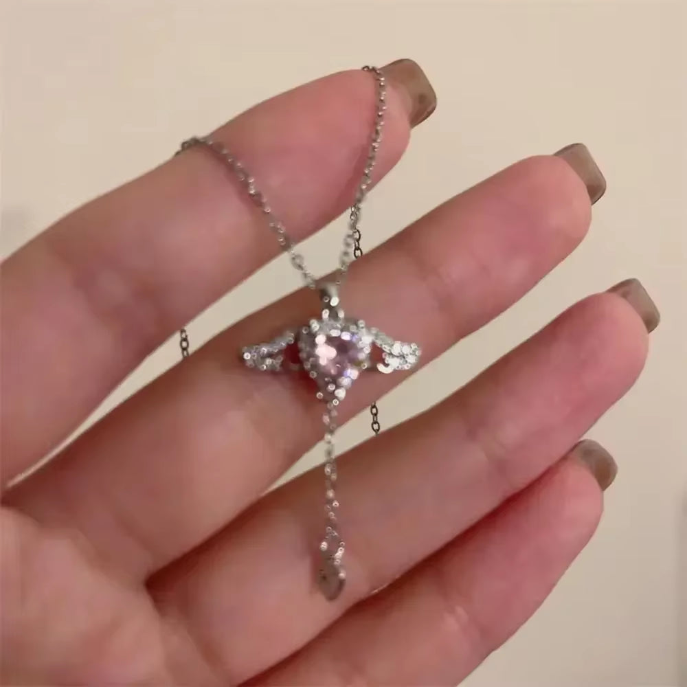 Crystal Angel Wings Heart Pendant Necklaces Ladies Girl Simple Y2K Pink White Zircon Love Elegant Necklace Women Jewelry 2023