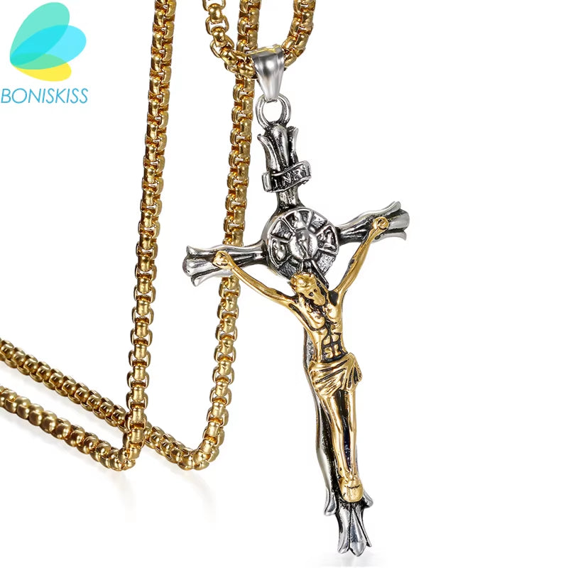 Men Cross Pendant Necklace Stainless Steel Link Chain Jesus Christ Necklace Statement Jewelry Necklace Jewelry Gift