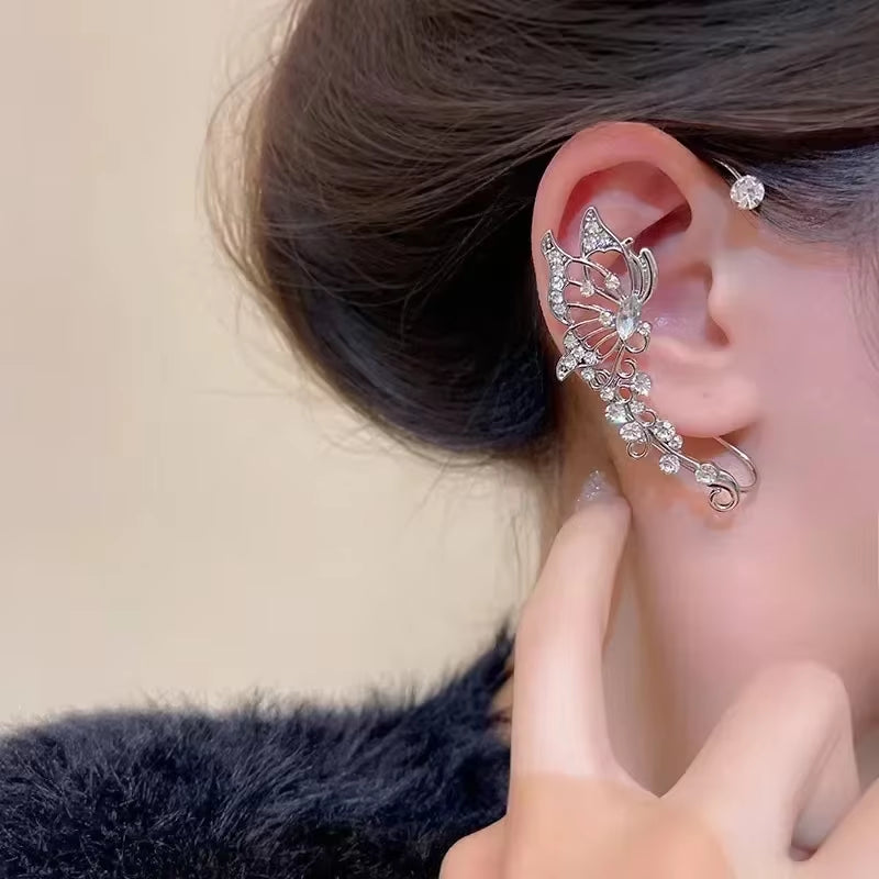 Clip Earrings Silver Color Metal Butterfly Ear Clip without Piercing for Women Sparkling Zircon Ear Cuff Wedding Fashion Jewelry